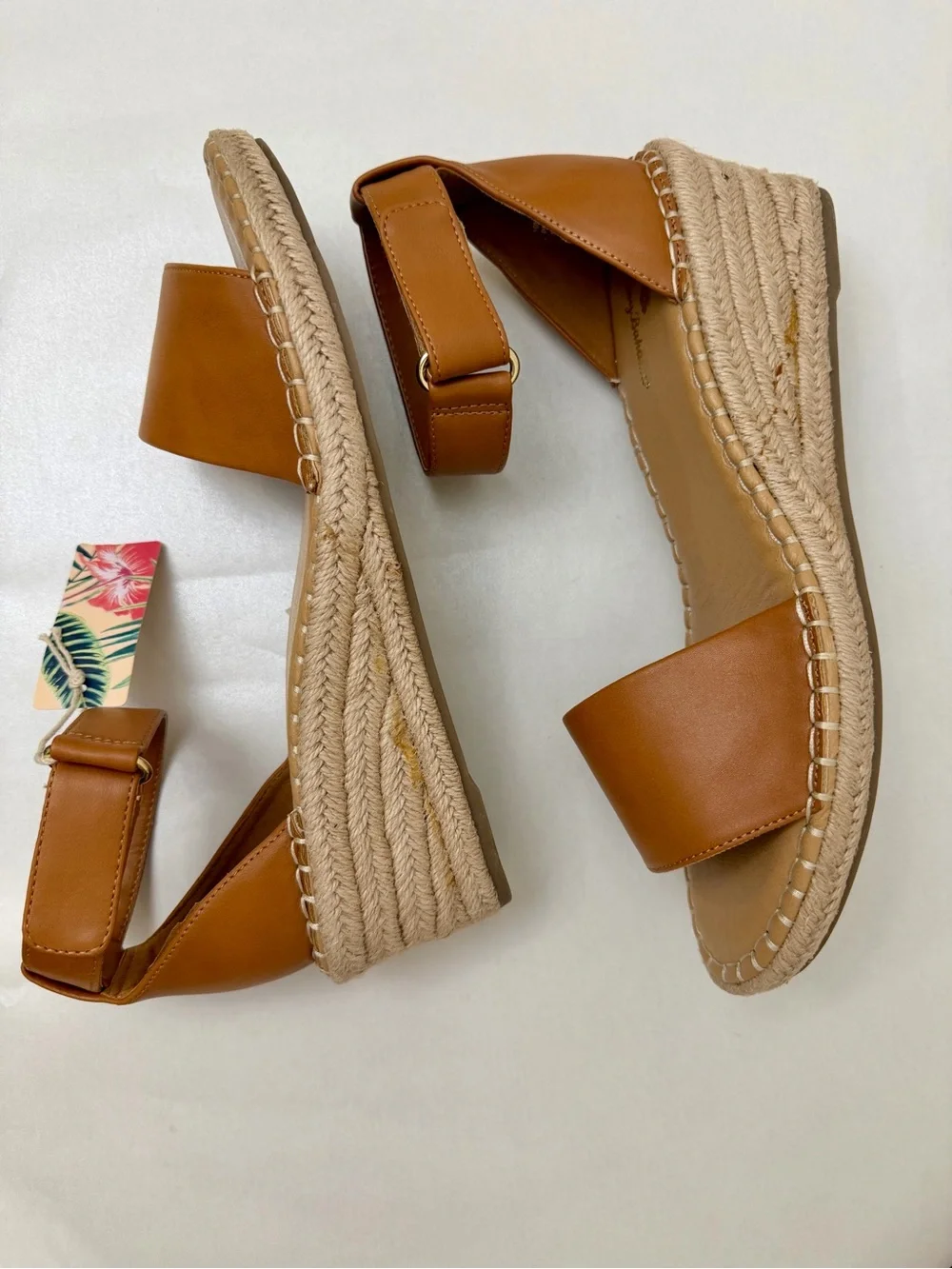 Tommy Bahama Cognac Leather Espadrille Wedges with Ankle Strap